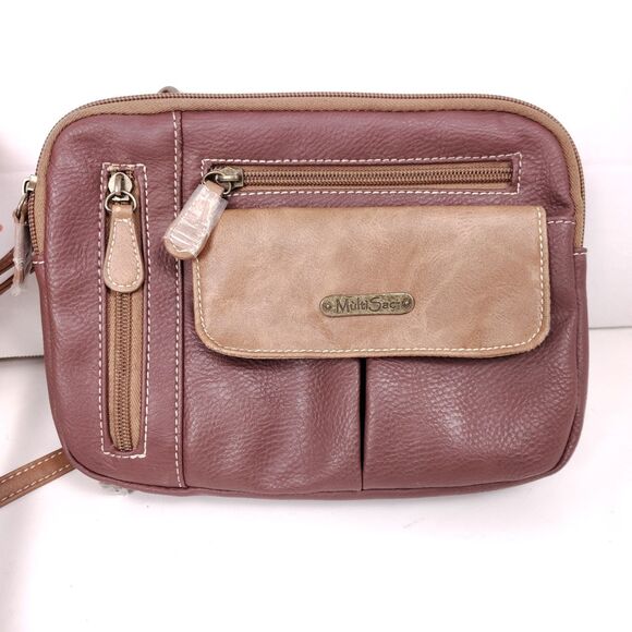 MultiSac Zippy Triple Compartment Two Tone Tan & Wine Adjustable Crossbody EUC - Picture 2 of 13